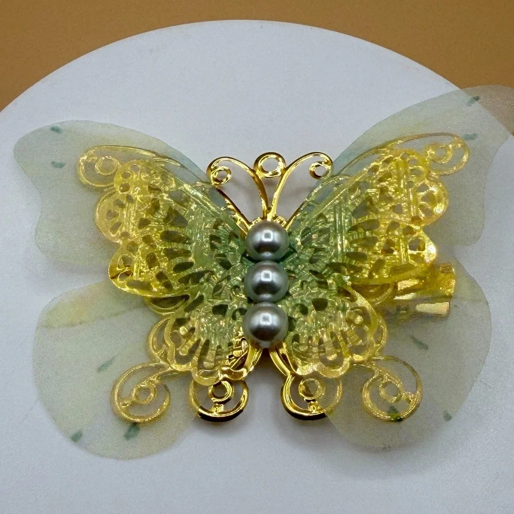 Gold Tone Butterfly Hair Barrette Green Organza Faux Pearl Fairycore Cottagecore